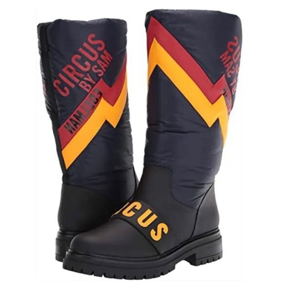 Sam Edelman Mid-Calf Flat Puffer Boots Womens Sz 6.5 Navy Yellow Water Resistant - Picture 1 of 14